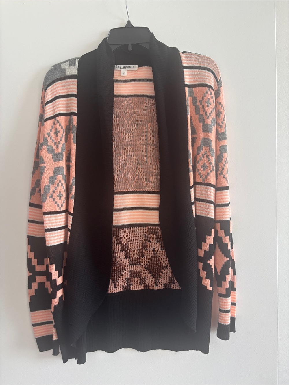 Say What? Black & Pink Geometric Open-Front Cardigan